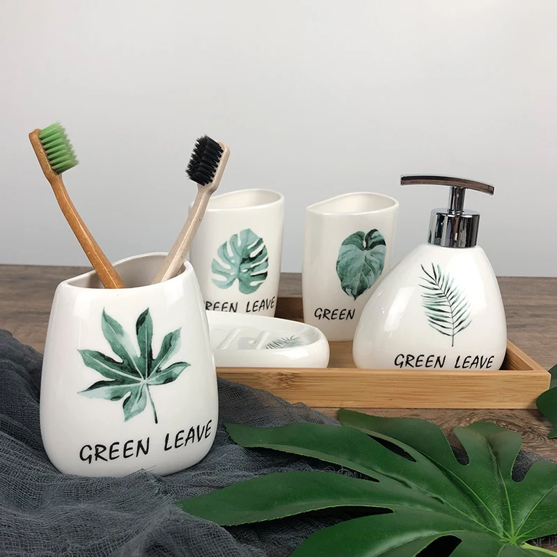 Wholesale Customized Printed White Ceramic with Decal printing Porcelain Bathroom Accessory Set