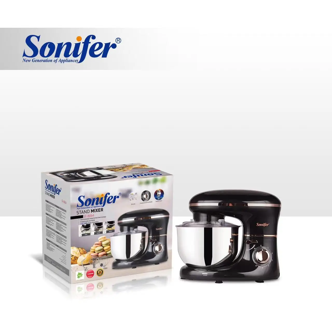 Sonifer SF-8064 home appliances 1400W copper motor multifunction 6 speed die cast dough beater whisk electric stand food mixers