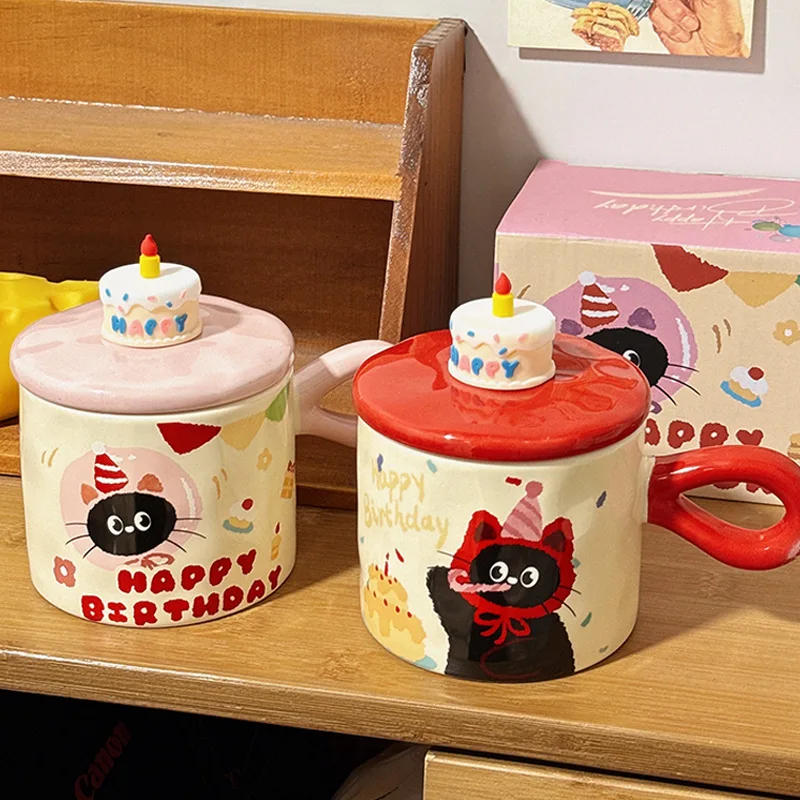 Seaygift 2025 new Cute cat milk tea Porcelain cup Friend sister Birthday Ideas gift cake design ceramic mug with lid