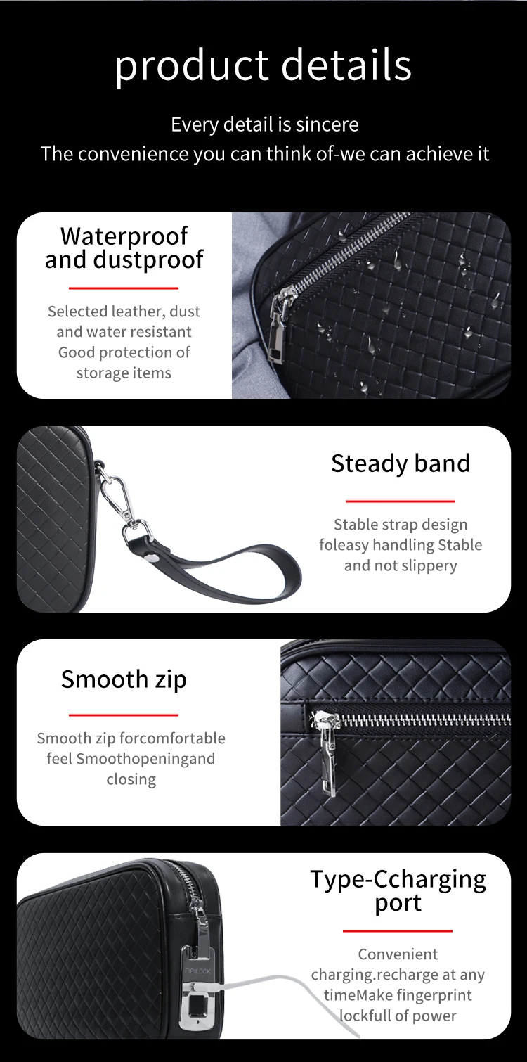 Biometric waterproof genuine cowhide leather smart handbag anti theft fingerprint lock clutch bag