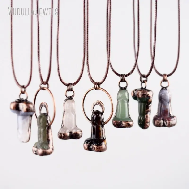 NM45676 Soldered Jewelry Raw Stone Tiger Eye Green Aventurine Clear Crystal Labradorite Genital Penis Leather Necklace