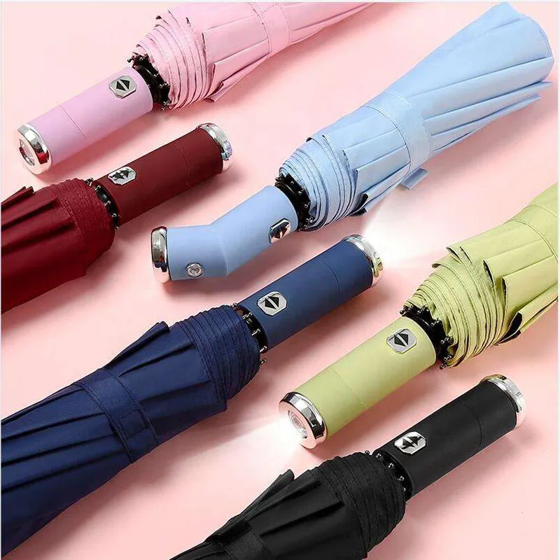 Compact Travel Automatic Open Close Folding Umbrella with 180 Rotating LED Flashlight Folding Umbrella