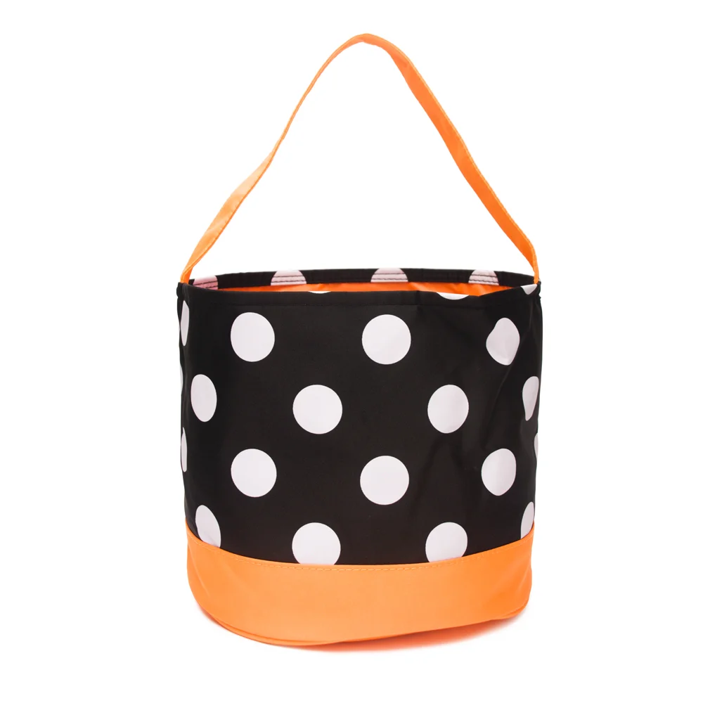 Personalized High Quality Kids Orange with Black and White Polka Dot Halloween Bucket Decoration Bucket Candy Bags for Party