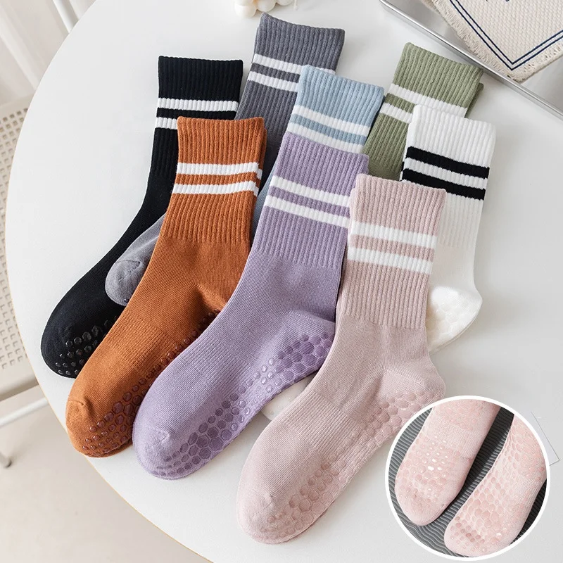 Wholesale Indoor Anti Slip Mid Calf Socks Women Cotton Yoga Pilates Grip Crew Socks