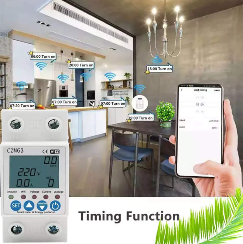 MCB63A TUYA APP WiFi Smart Circuit Earth Leakage Over Under Voltage Protector Relay Device Switch Breaker Energy Power kWh Meter