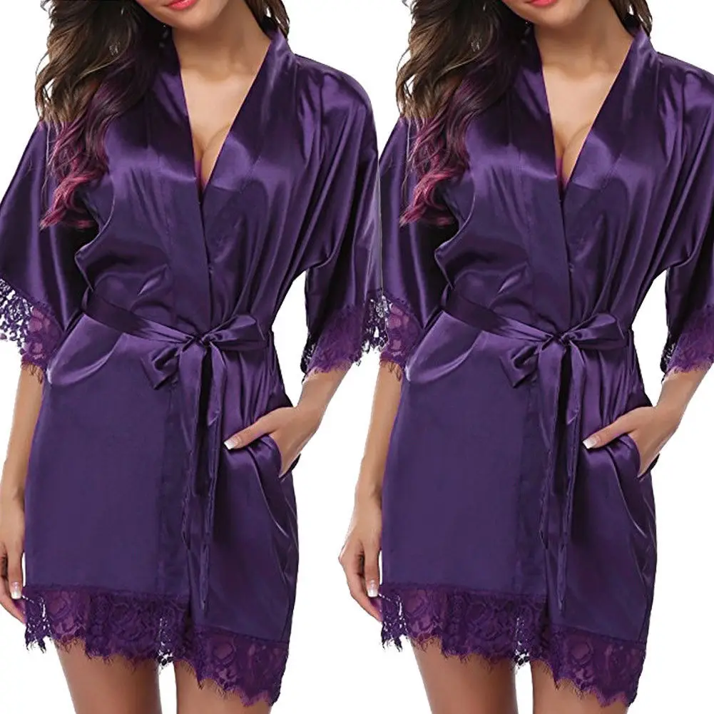 Custom Logo Plus Size 2XL Nightgown Solid Silk Satin Bridal Robes With Belt Thong Lace Robe