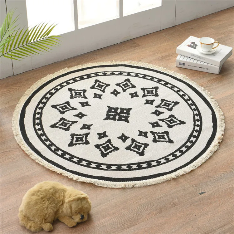 Bohemian Mandala Round Carpet Living Room Bedroom Cotton Line Round Rug Carpet 90x90cm Area Rug Retro Floor Carpet