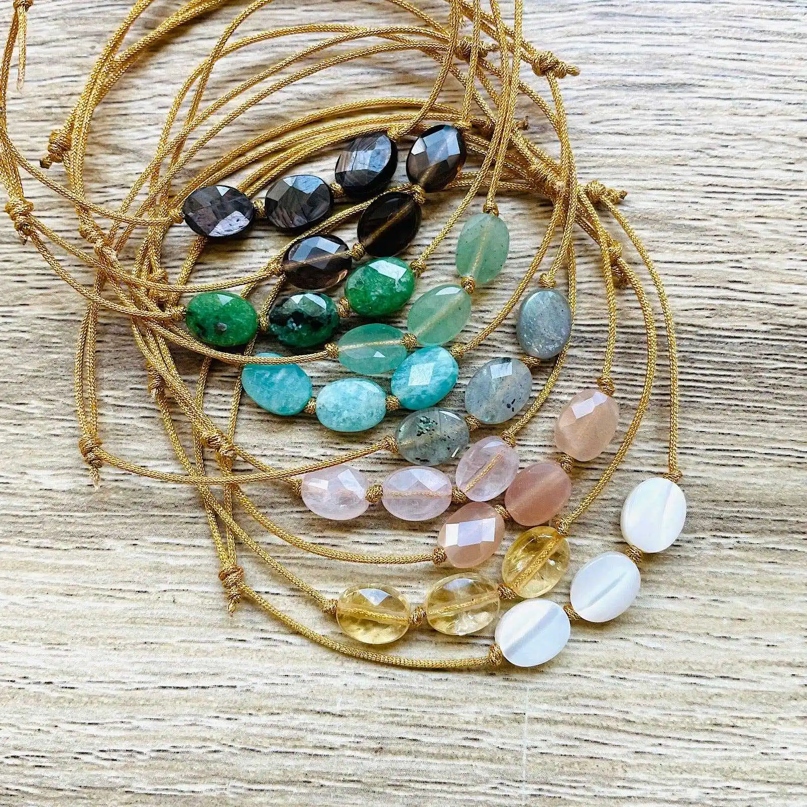 Popular cut elliptic natural stone crystal irregular original paraffin thread woven adjustable bracelet for women