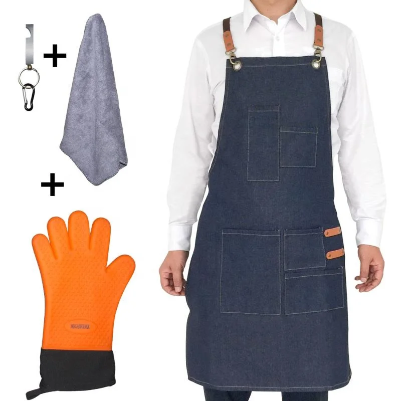 Grilling BBQ Apron Accessories Kit with Denim Bottle Opener Towel and oven