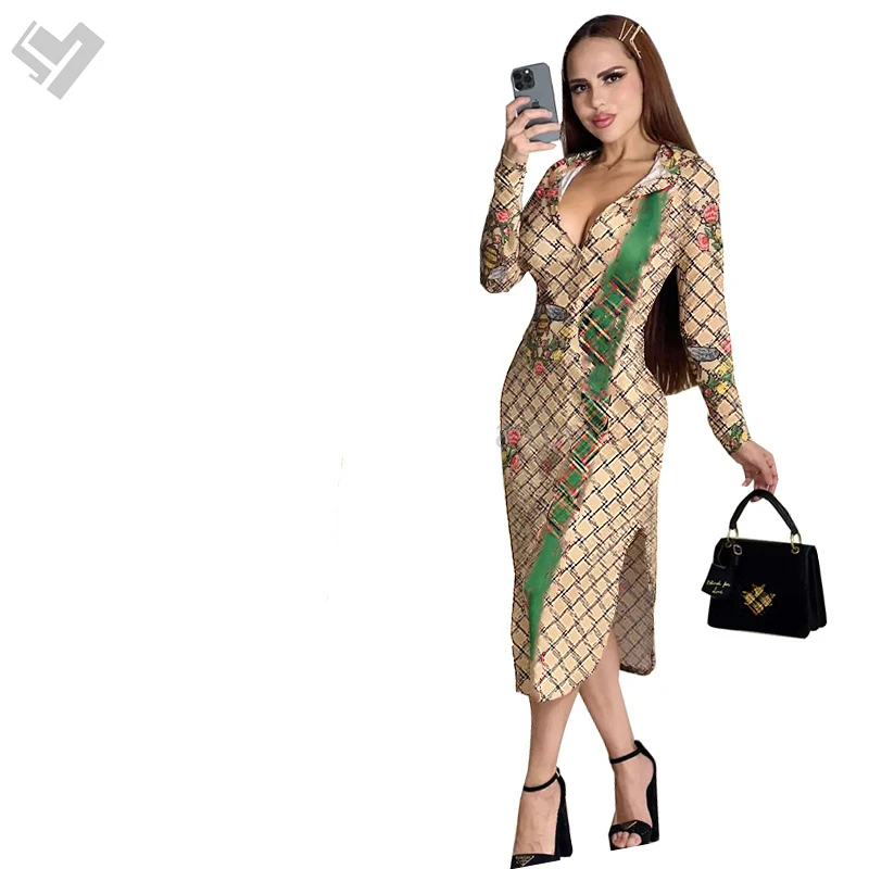 2023 New Arrival Autumn Women Designer Print Long Sleeve Blouse Shirt Dress Brand Luxury Button Down Elegant Maxi Fall Dress