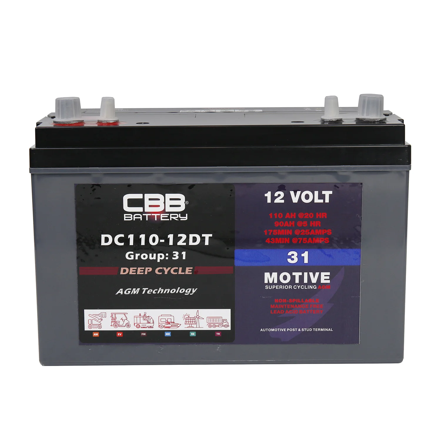 31AGM battery model DC110-12-DT deep cycle agm battery 12V110Ah for marine/boat/ship