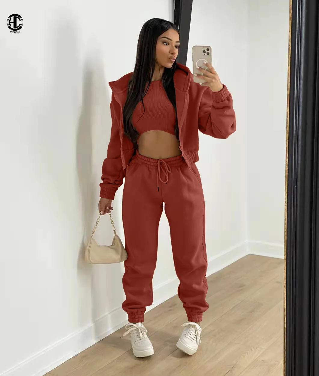 2022 Top Sale Custom Logo Thick Hooded Sweatsuit Solid Tracksuit Thread Vest With Hoodie Jacket 3 Piece Jogging Sets