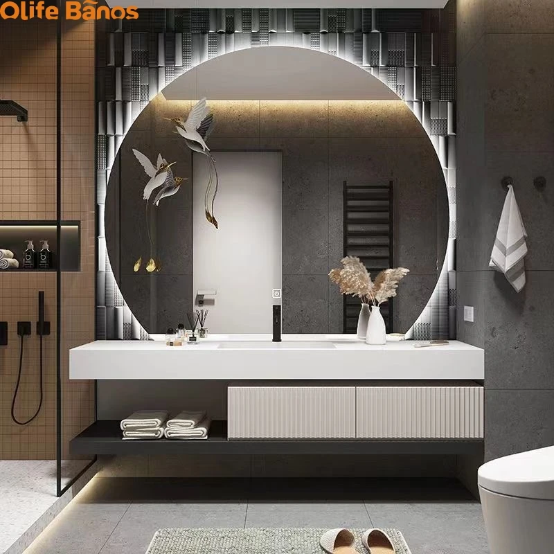European Orange Green White Colors Fluted Shape Sintered Stone  Wall Mount Bathroom Vanity Cabinets with Smart Mirror Lights