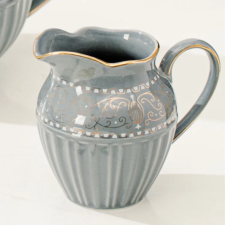Luxury British tea pot sugar pot milk jug sets grey ceramic coffee tea cups and saucers set with gold rim