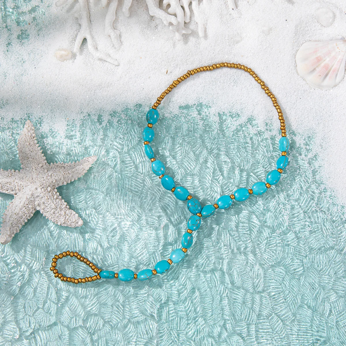 Bohemian Summer Holiday Handmade Faux Turquoise Rice Beads Beach Ankle Bracelet with Fingers
