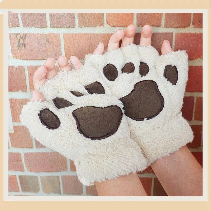 JSFUR  Kawaii Gloves Cat Paws Cosplay Faux Fur Plush Cat Gloves Lion Paws Fingerless Gloves for Girls Women