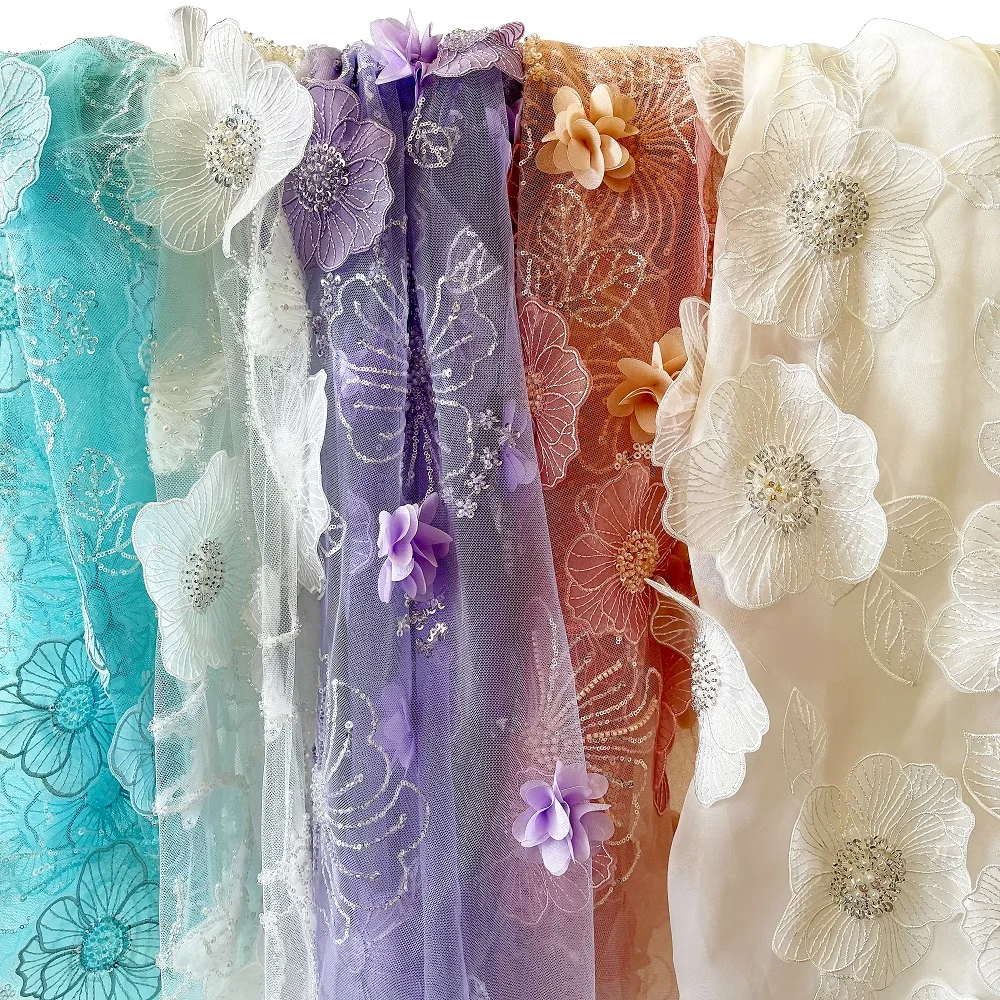 American fashion organza kids dresses 3d flower embroidered rose fabric kids dress fabric material beaded swiss lace