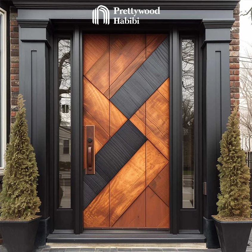 Luxurious Residential Walnut Black Modern Design Front Door Designs Exterior Solid Wooden Main Entry Door With Double Sidelite