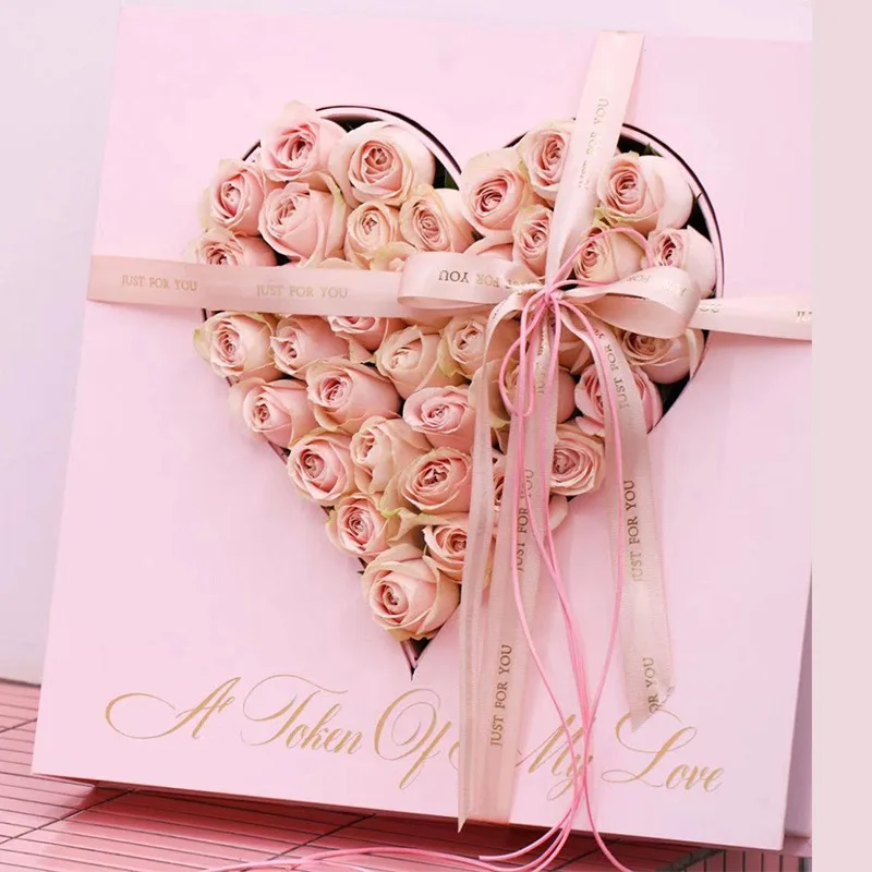 Luxury large square book shape flower bouquet packaging box satin density board gift box with heart shape in the middle center