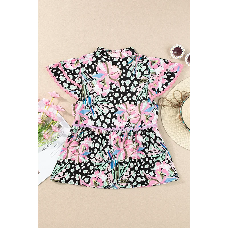 Dear-Lover Wholesale Private Label Woman Shirt Top Blouse Elegant Ricrac Stitching Floral Leopard Short Sleeve Lady Blouses