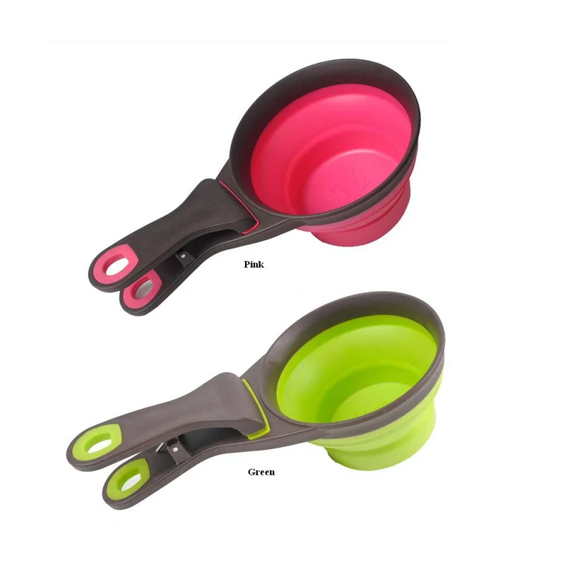 Collapsible multi-function pet scoop silicone measuring cups sealing Clip 3 in 1 Sets