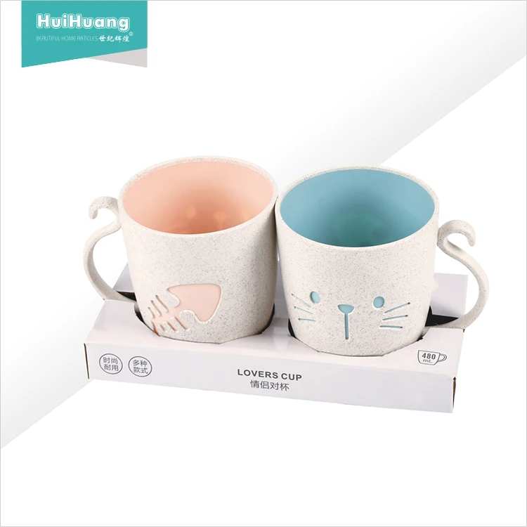 
Promotional cheap price 2 pcs cat fishbone pattern plastic water cup whrat straw coffee mugs for home  (1600096954194)