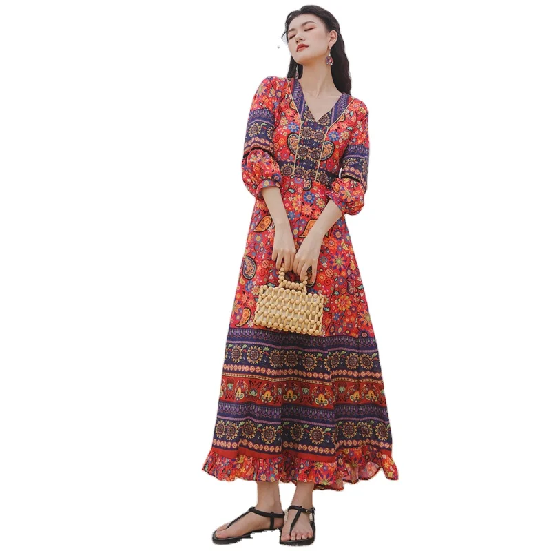 2021 ready stock puff sleeve ethnic style bohemian dress A line V neck big swing