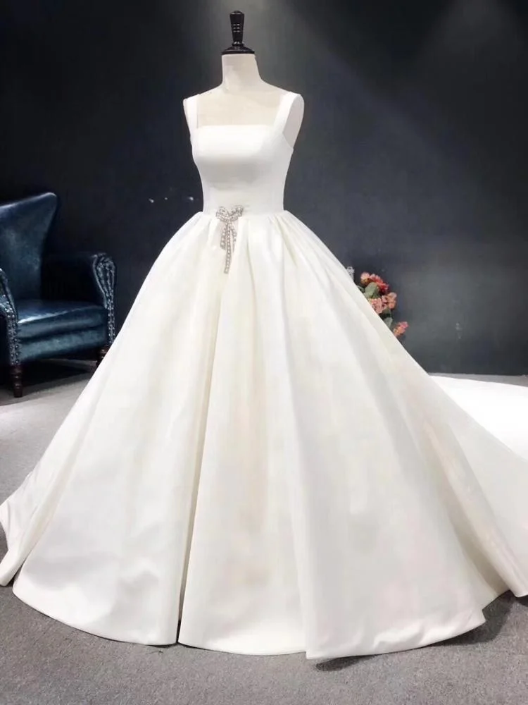NWD1925 Elegant Straight Collar Imported 395 Satin Pure White Sweetheart Elegant Wedding Dress Thin Strap Prom Dress