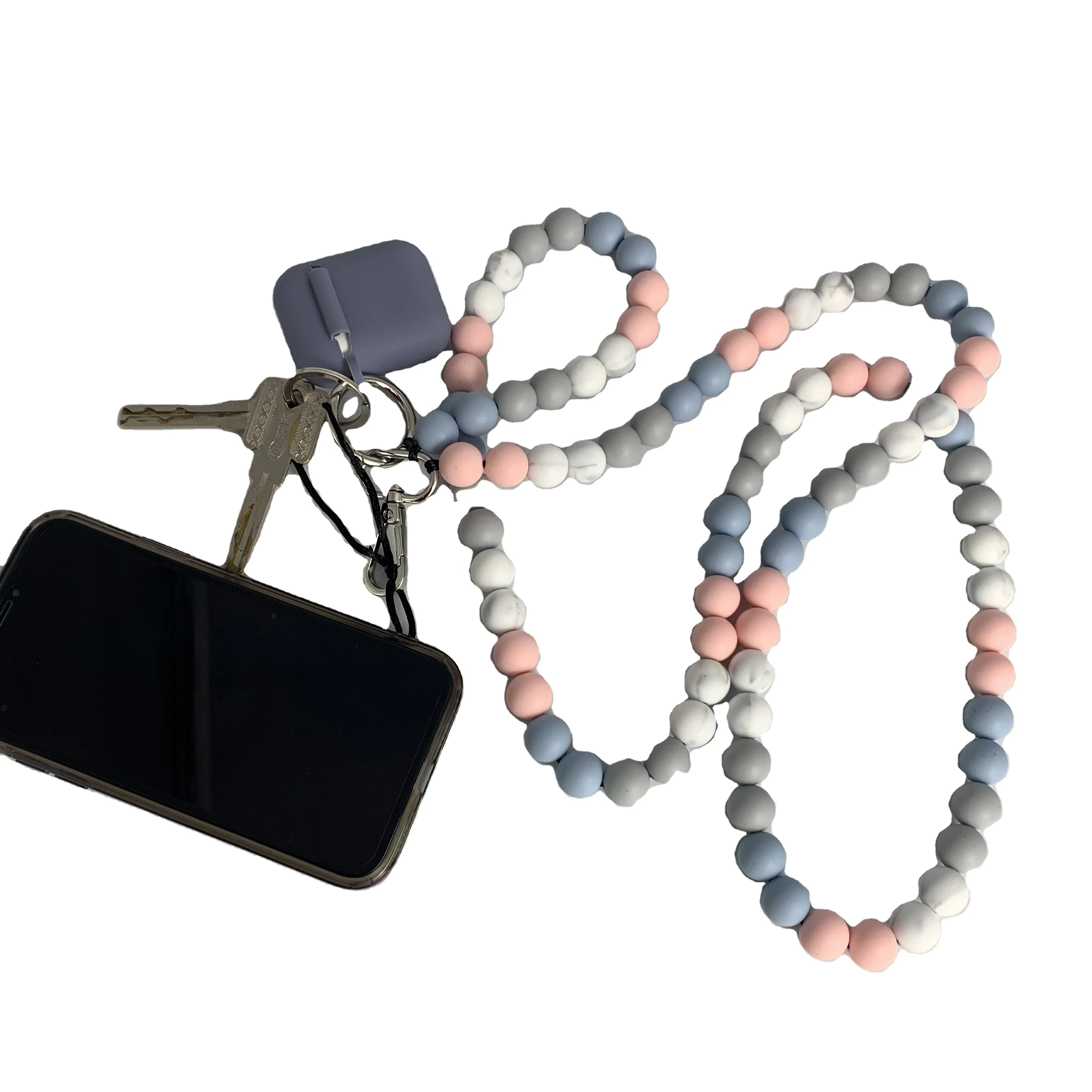 Custom Silicone Beaded Lanyard No Loose Keys ID Badge Phone Bead Crossbody
