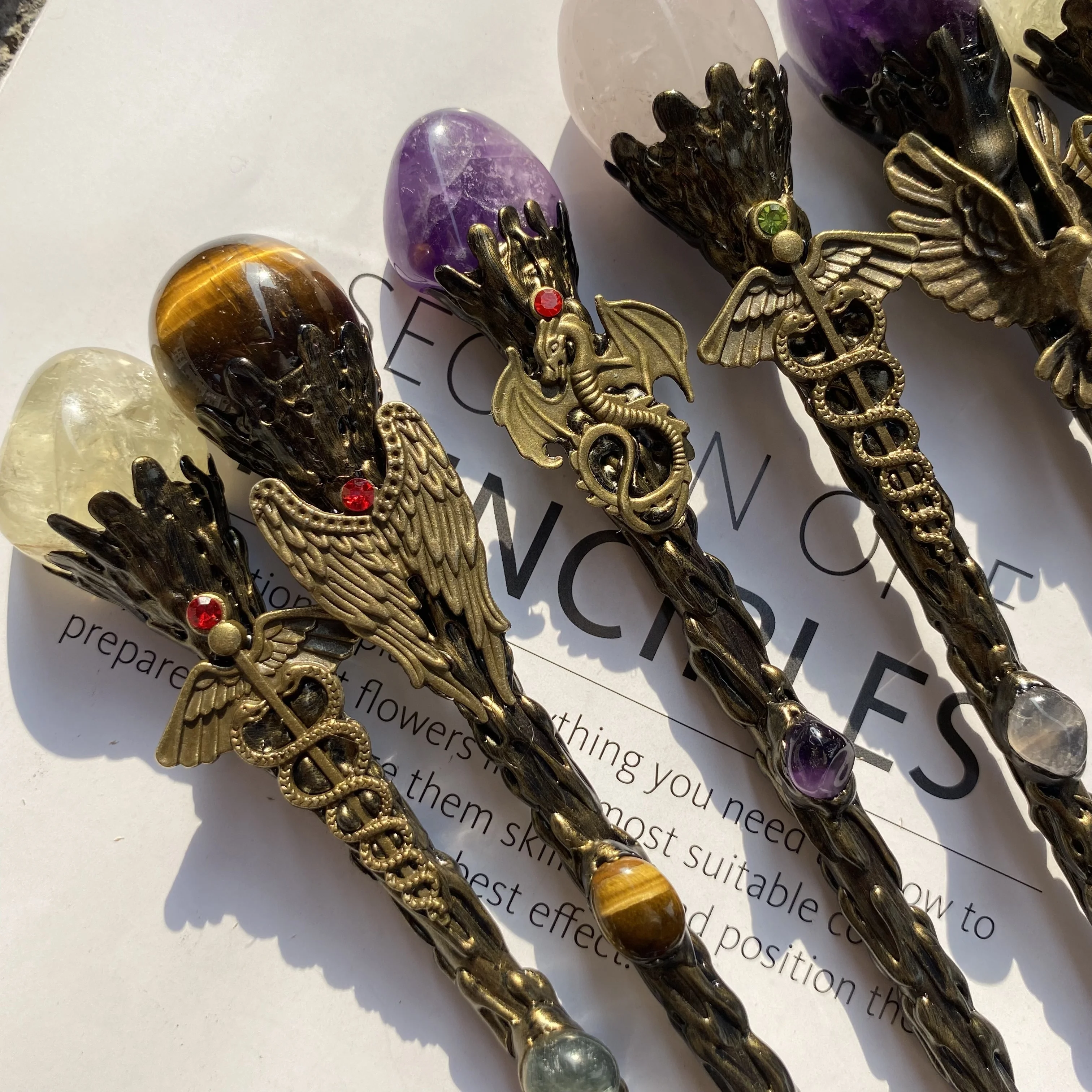 Gem Fairy Stick Crafts Alloy Angel Dragon Accessories Rose Quartz Amethyst Healing Crystal Magic Wand Ornament For Gifts