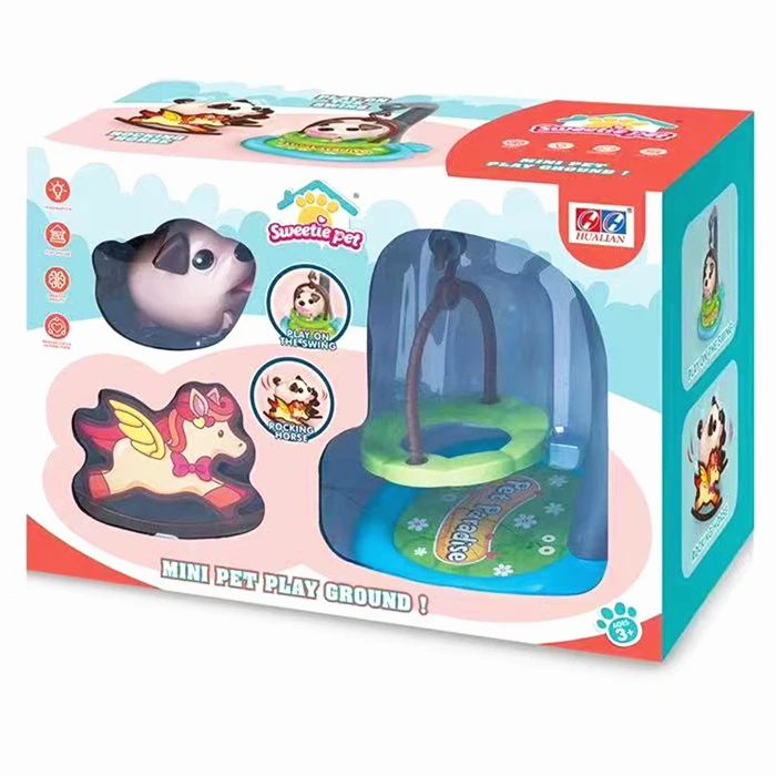 New Item Mini Pet Playground  B/O Dog Play Set Running Play on the Swing Rocking Horse