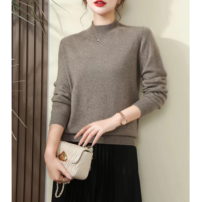 sweater custom 100% cashmere seamless one-piece sweater with half turtleneck inside and a solid color blouse for women