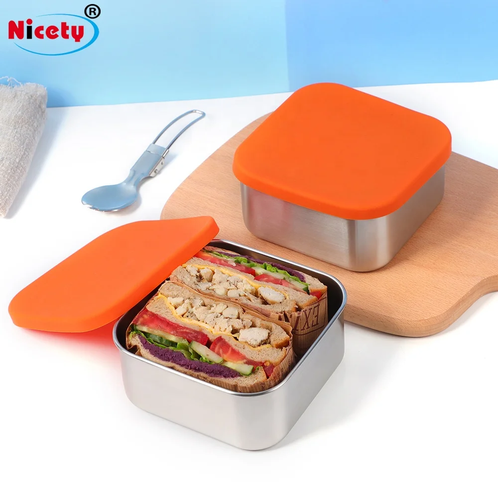 18/8 Stainless Steel Food Containers With silicone lid Medium Snack Quadrate Lunch Box For Kids Leakproof Lunchbox For Adults
