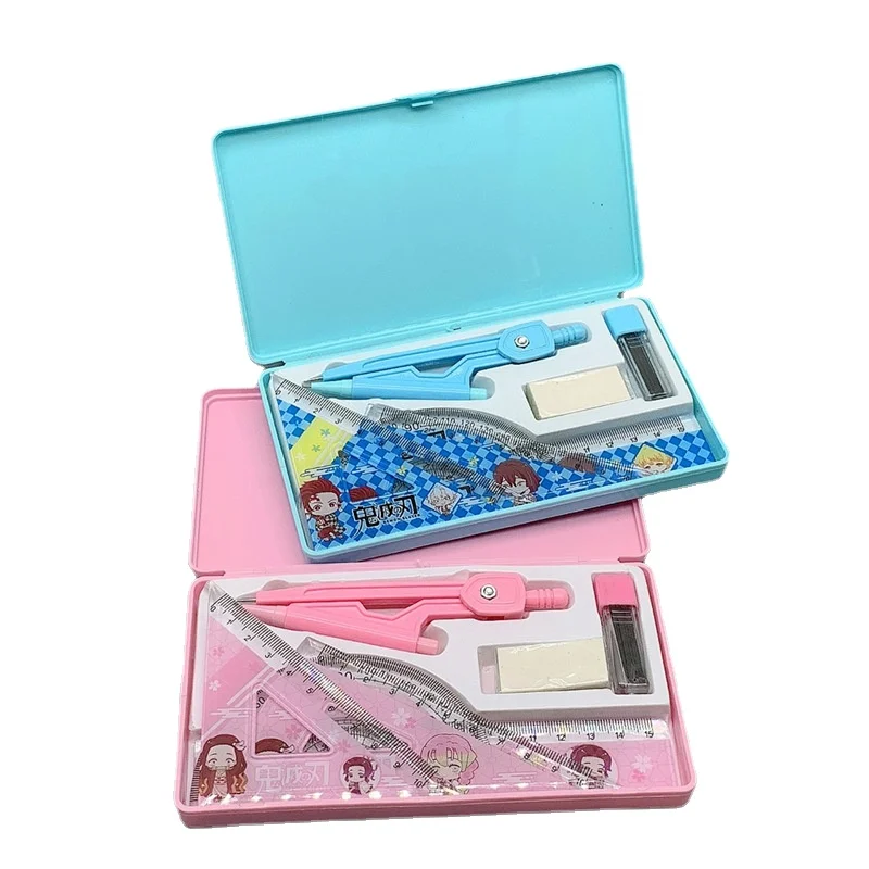 
Cartoon Student Drawing Stationery Set Box Compasses Ruler Eraser Portable 7-piece Set Factory Direct Sales 