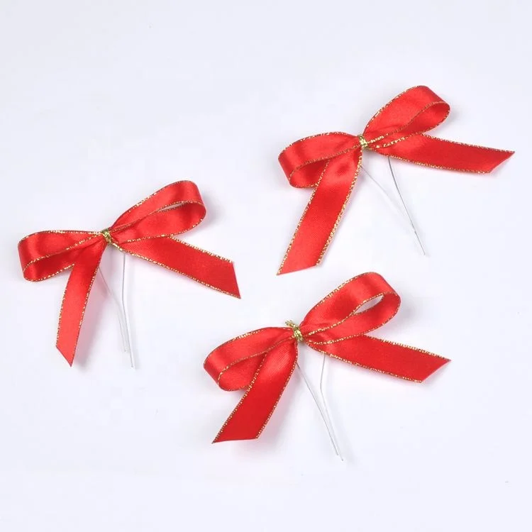 wholesale custom gift bow ribbon red gold edge satin bow with wire twist (1600372913233)