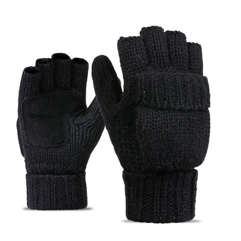 Wholesale Driving Genuine Leather Palm Warmth Half Five Finger Cover Mitten Men Touch Screen Woolen Knitted Winter Gloves