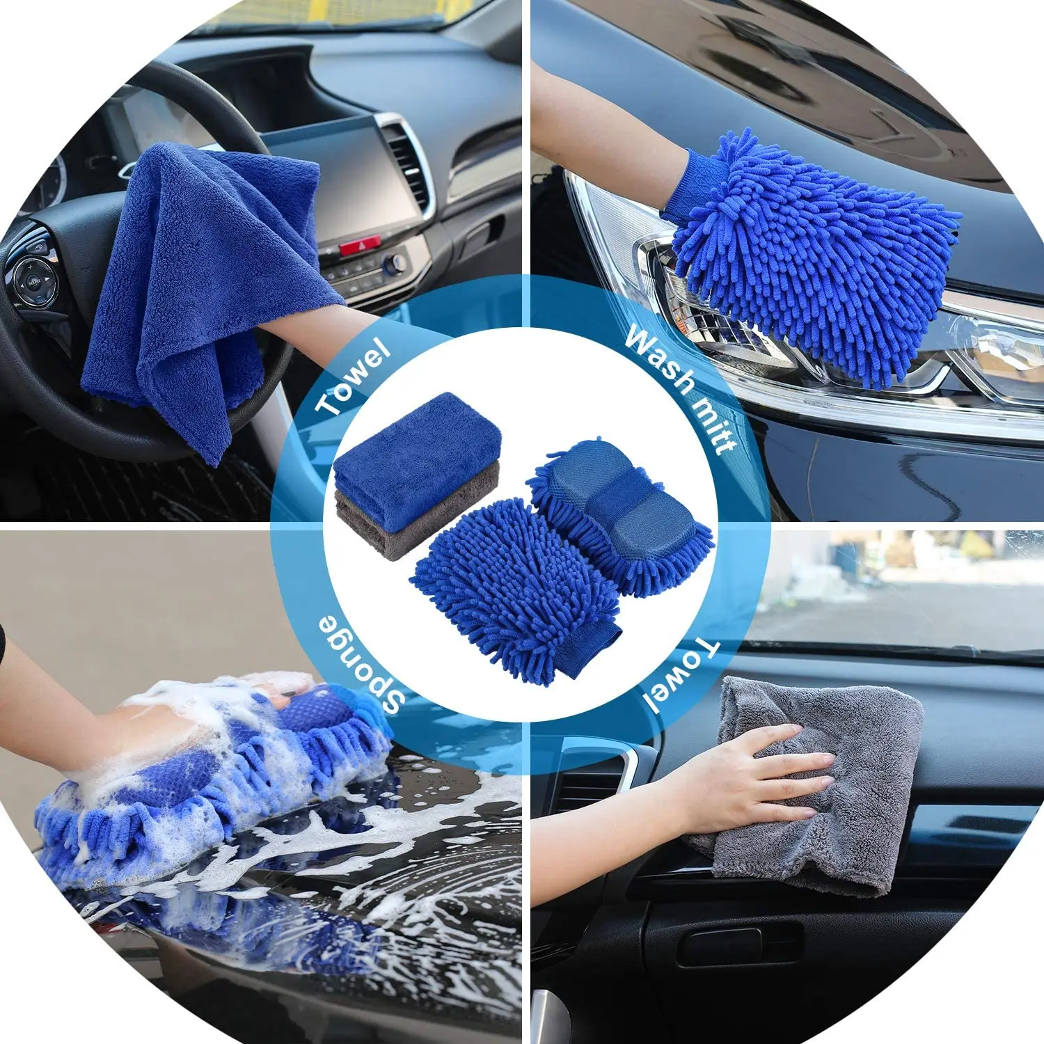 Hot Sale Microfiber Car Wash Kit Car Cleaning Kit With Tyre Brush Folding Bucket Wax Applicator Pad
