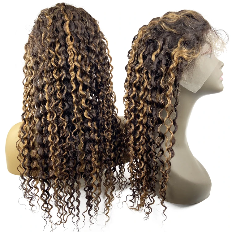 Cheap Human Hair Lace Front Wig with Low Price Highlighted Water Wave Wig Highlights Manufacturer in China with Brown Swiss Lace