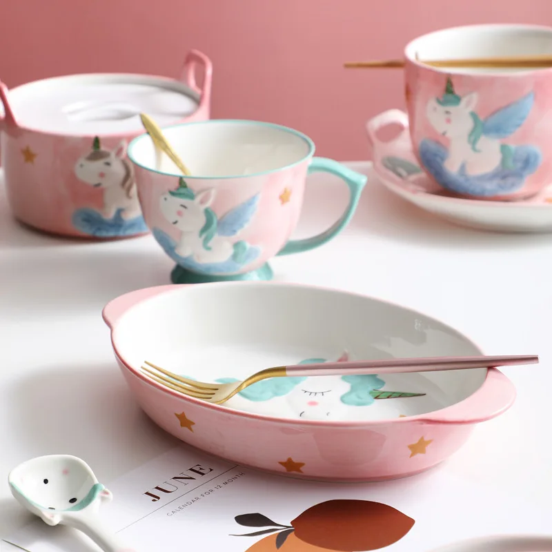 Мультяшные тарелки для столовой посуды, креативный набор керамической посуды с ручной росписью, единорог, миска для риса, ложка, тарелка, бытовые столовые приборы
