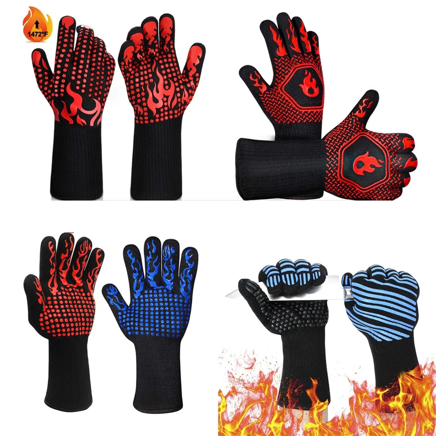 Fireproof Anti-Skid Barbecue Microwave Oven Mitts 1472 Degree F Heat Resistant BBQ Grilling Gloves