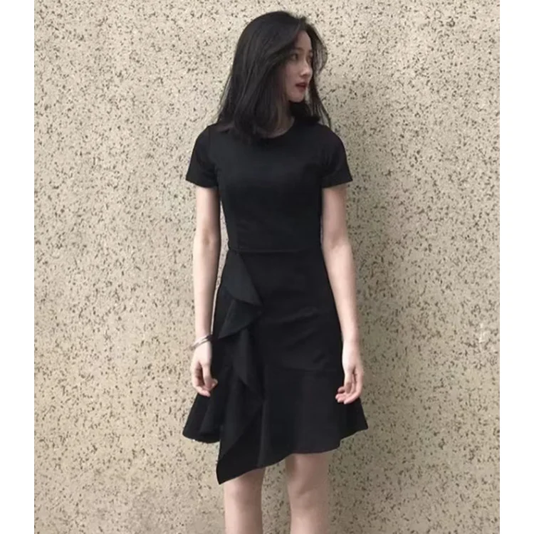 ODM Wholesale Latest Design Casual Black Dress Ladies Fashion Office Wear Midi Dress Women Short Sleeve Asymmetrical Dress