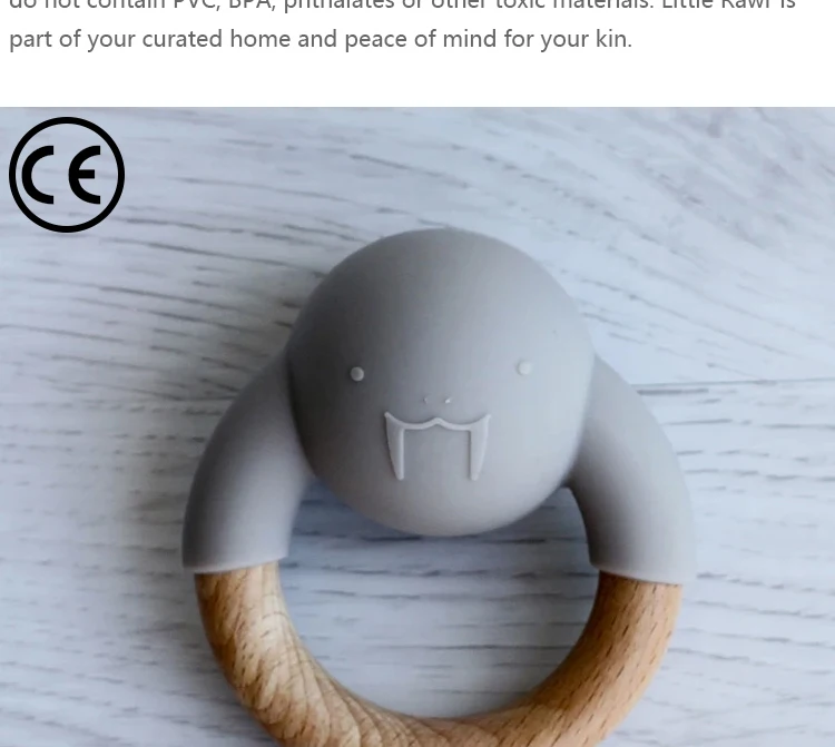 wholesaler  Baby Silicone with  Wood Ring Teether Animal Shape Walrus  Bell  Kids Teething Silicone Wood  Ring Bell Teethe Toys