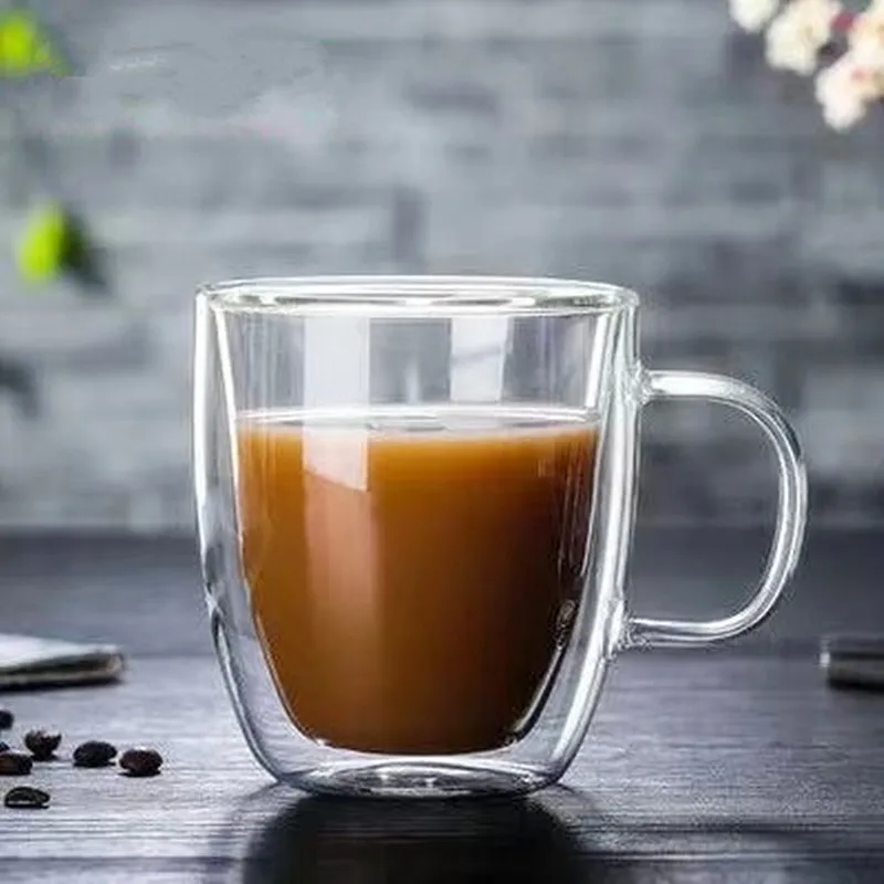 Hand Made Heat Resistant Borosilicate Glass Double Wall Coffee Cups Clear Coffee Mug Set with Handle and lid