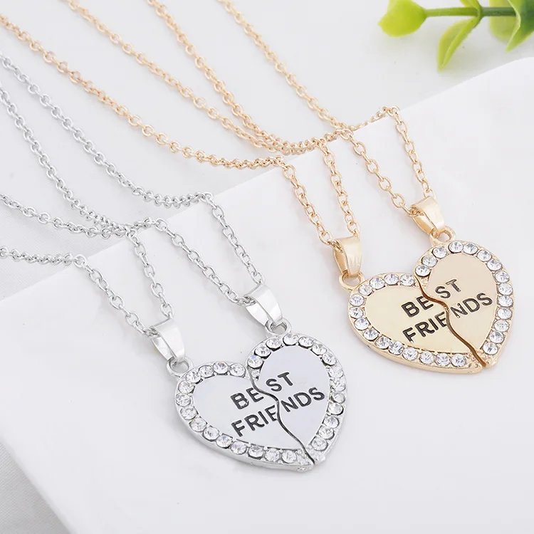 2pcs/set Creative Friendship Jewelry Letter Best Friends Two Petal Stitching Diamond Heart Shape Pendant Friendship Necklace