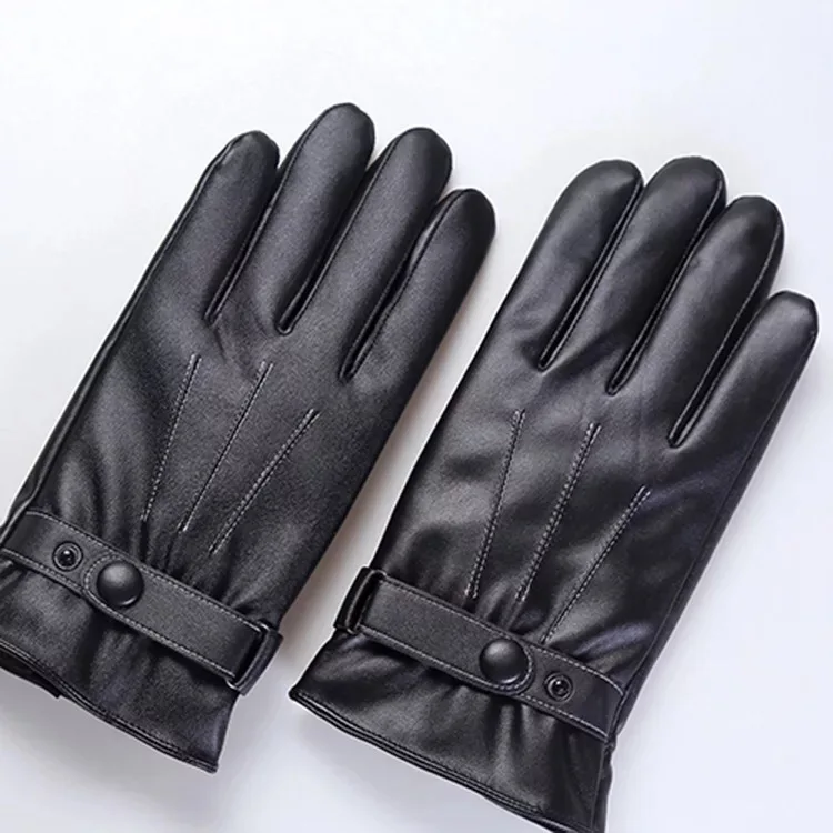 basic men winter waterproof touch screen pu leather mittens with plush lining