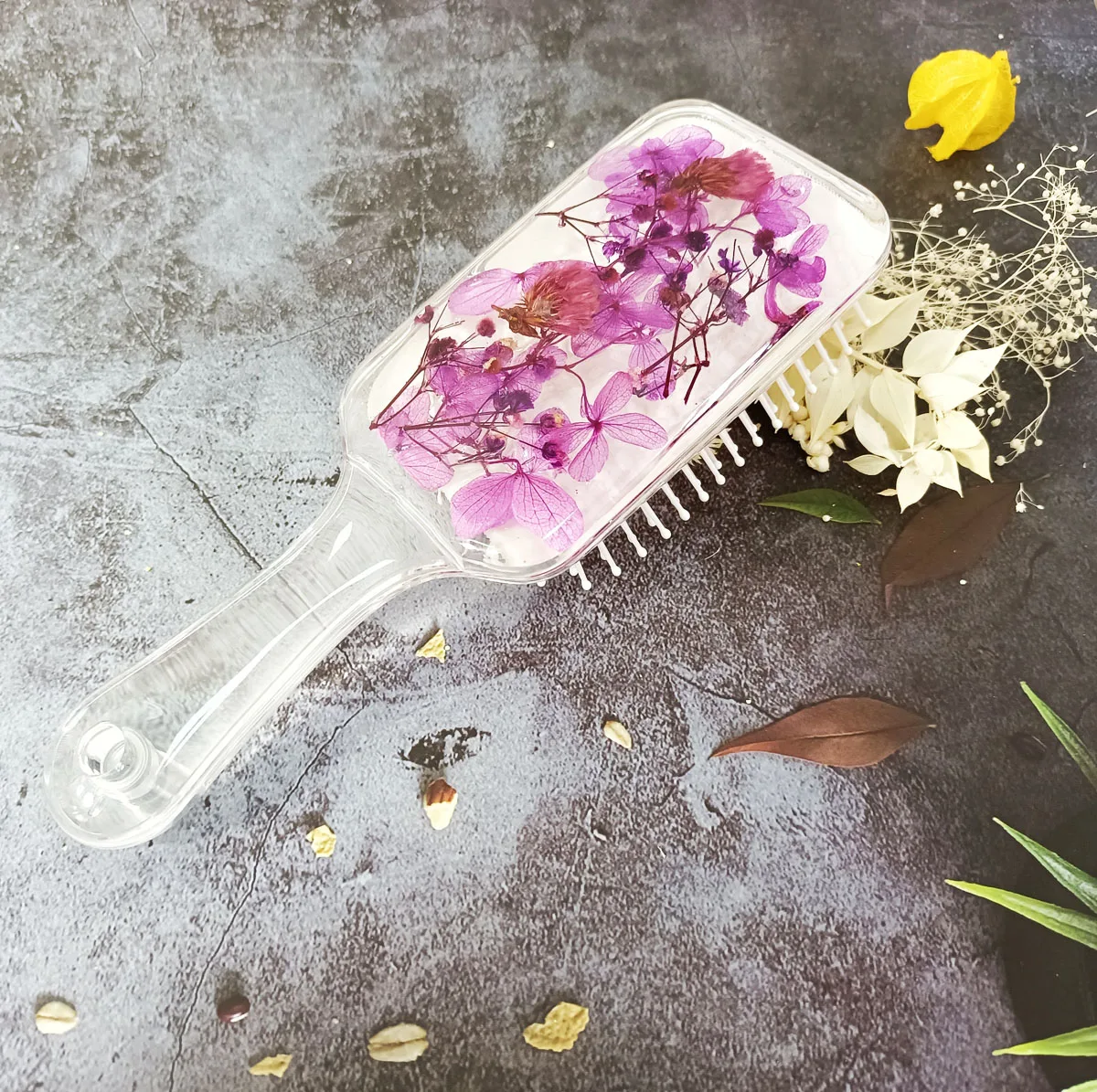Massage Relax Natural Purple Flowers Stylish Air Cushion Magic Salon Square Acrylic Hair Brush for Home Decoration