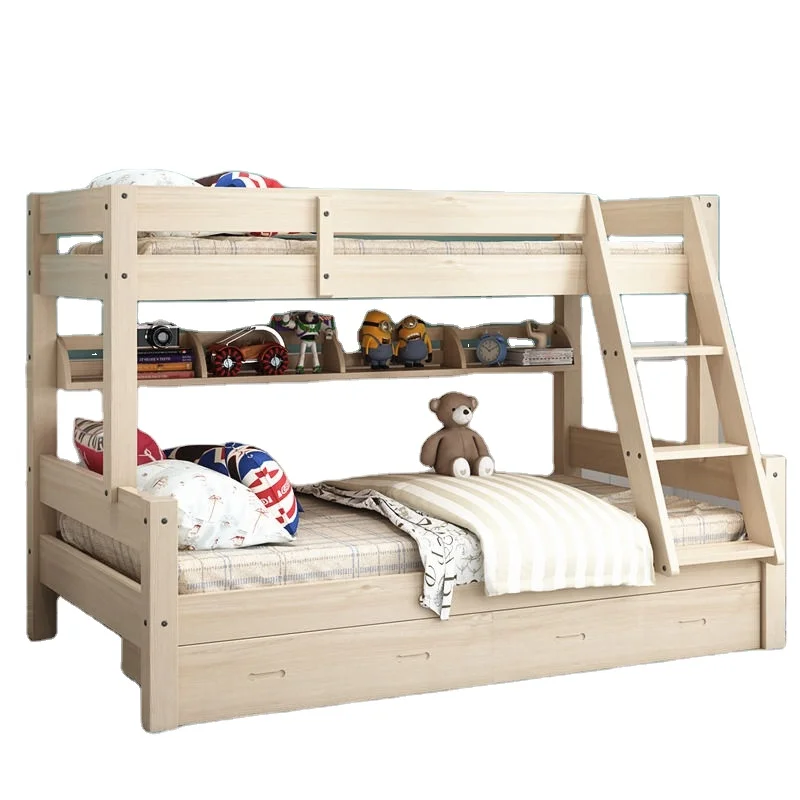 Modern Simple Solid Wood Twin Over Full Bunk Beds with Storage Drawers Loft Bed Ladder and Guard Rail Bunk Bed