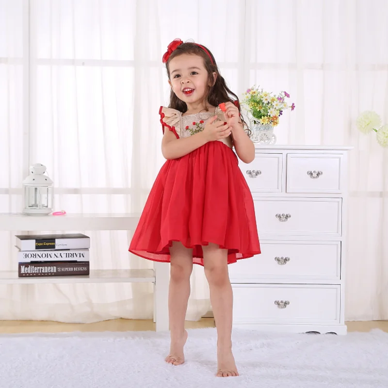 2023 New fashion design lace baby girl wedding dress for 1 to 5 year kids red embroidered lace dress for kids