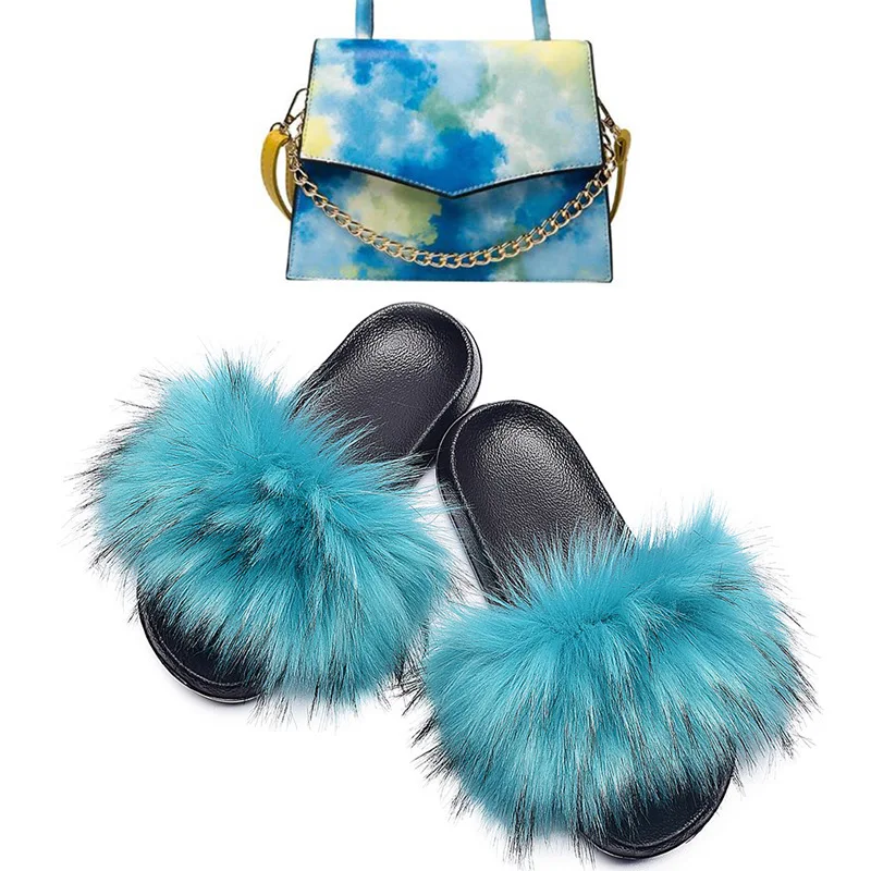 
2020 fashion bulk faux fur furry fluffy bed women slippers sandals slides with purse bags sets 