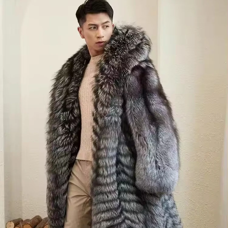 Hot Selling Real Fur Coat For Man Luxury Long Style Winter Warm Mens Natural Silver Fox Fur Coat